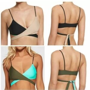 L*Space Chloe Wrap Bikini Top Size M Colorblock Turquoise Green Black (#11)
